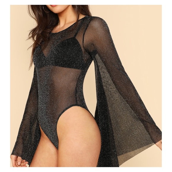 Black Mesh Glitter Exaggerated Sleeves Bodysuit - Picture 2 of 5